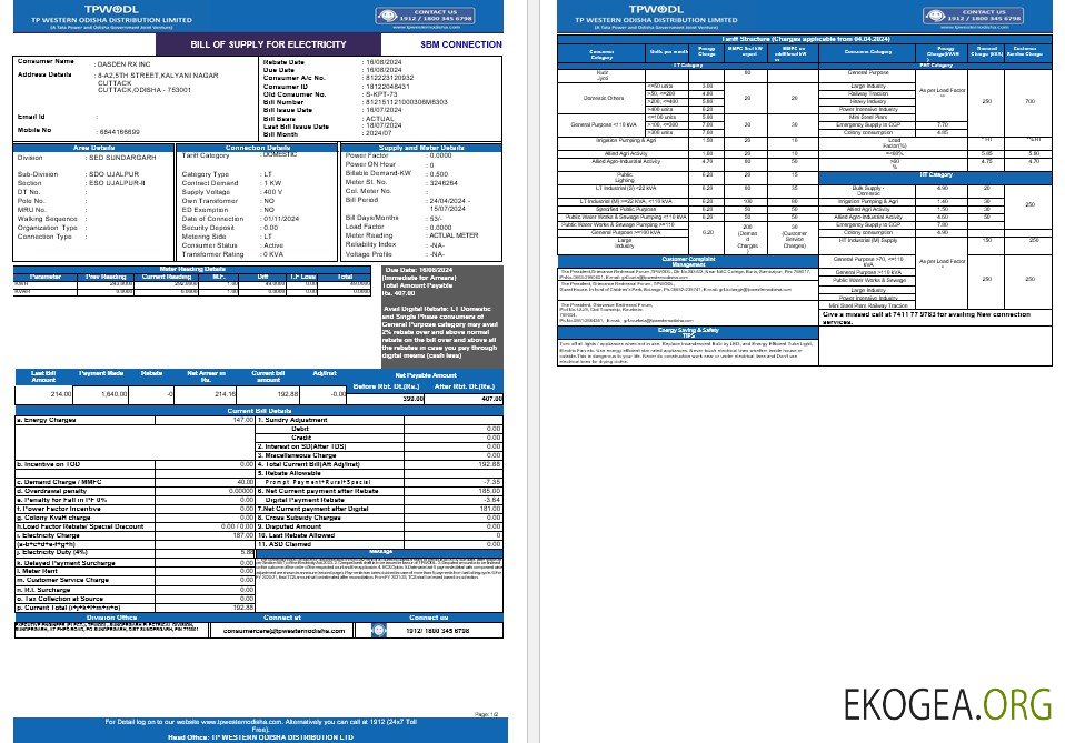 Modèle Word et PDF de facture de services publics pour les entreprises INDE TPWODL